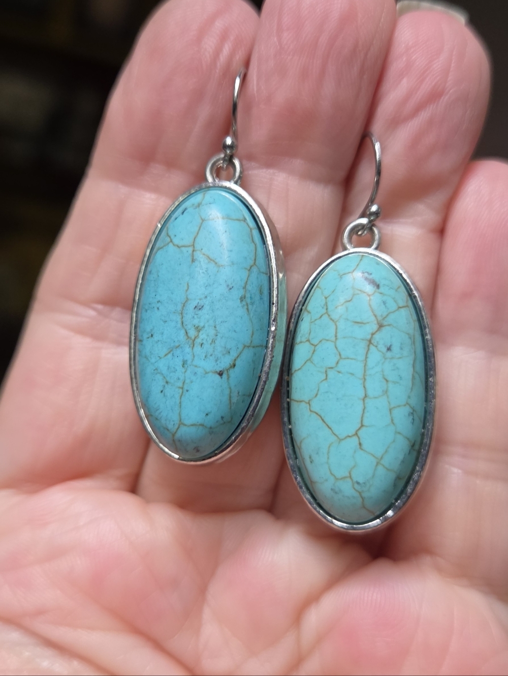 Turquoise Large Natural 22k Oval Drop Silver Earrings - Picture 5 of 8